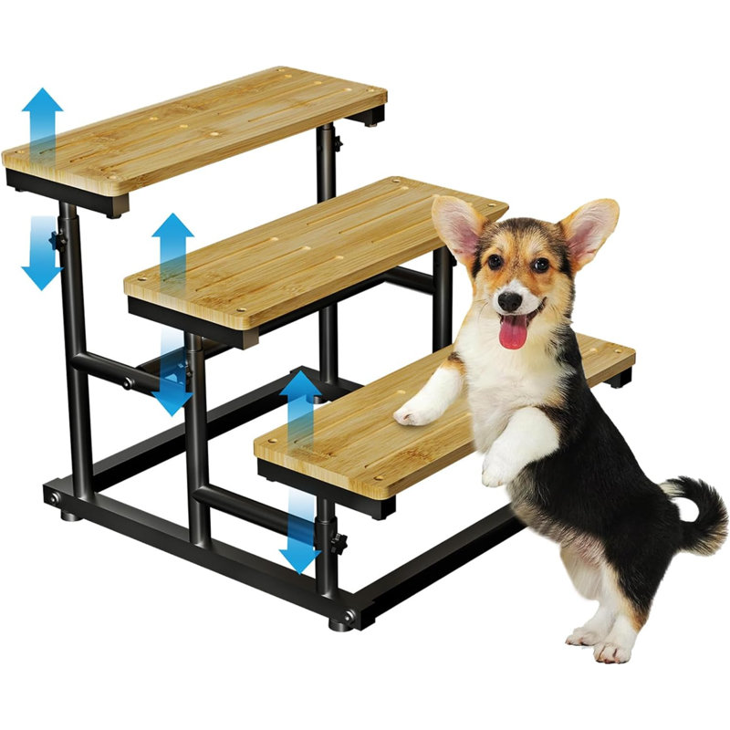 Tucker Murphy Pet Adjustable 3 Tier Bamboo Pet Dog Stairs For Small Medium Dog Cat To Go On High Bed Couch Non Slip Bamboo Dog Steps For Sofa Chair Car SUV Deformable Height